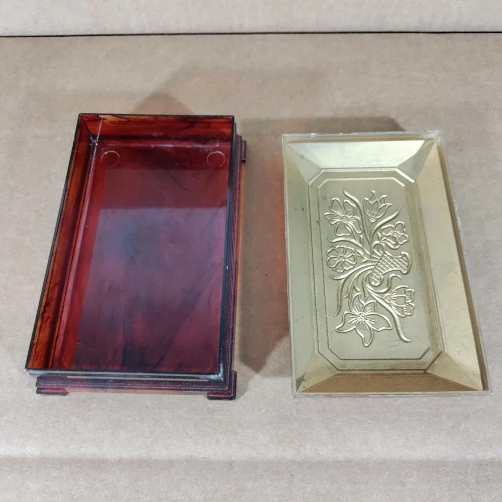 2/$20 Clear Amber Gold Tone Plastic Jewelry Box Fosta Product Made In USA Floral